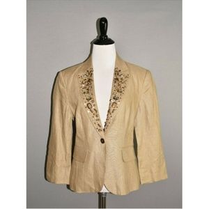 BOSTON PROPER Tan Jeweled Linen Blazer Jacket
